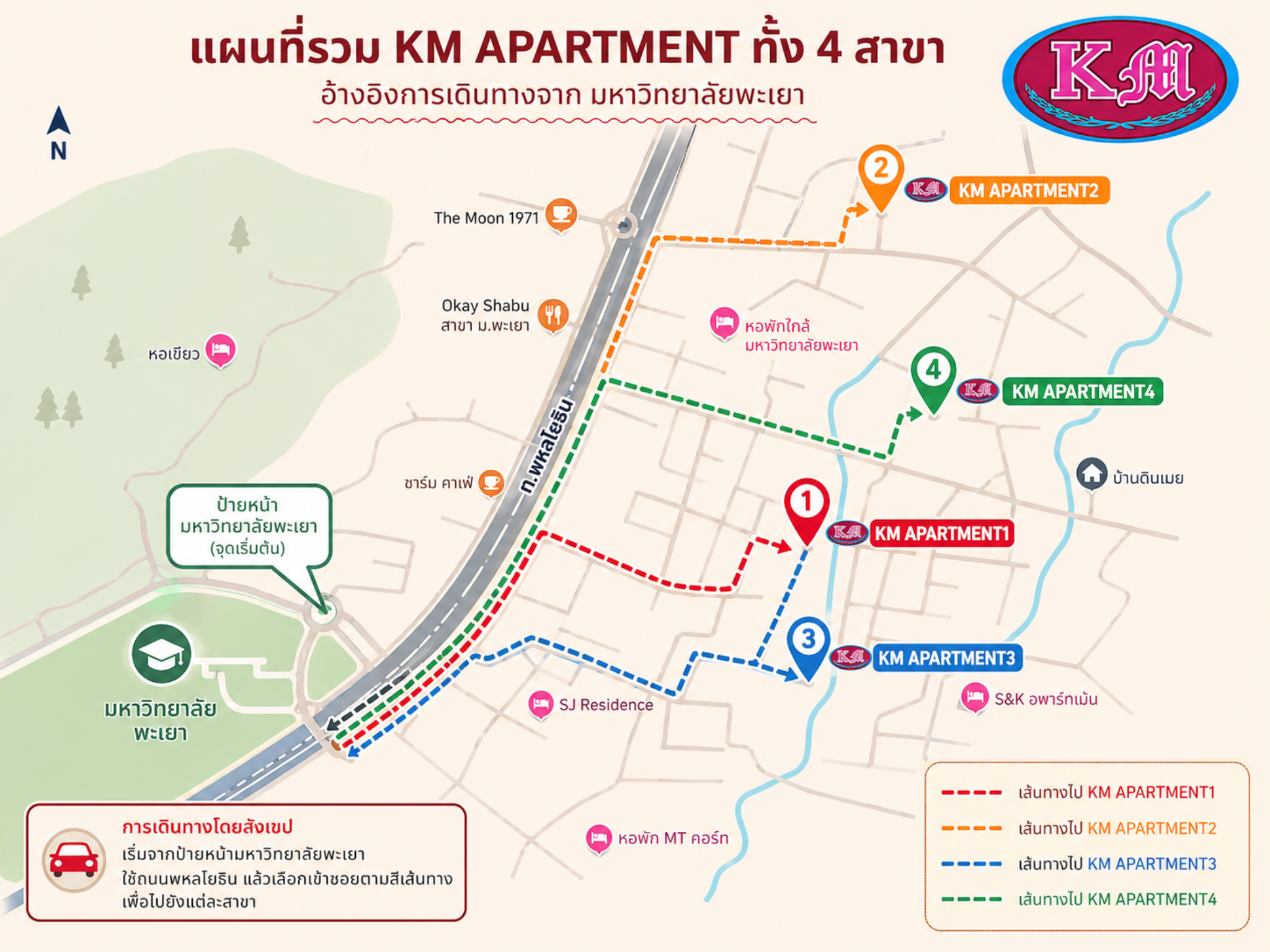 แผนที่รวม KM APARTMENT ทั้ง 4 สาขา โดยเริ่มจากมหาวิทยาลัยพะเยา